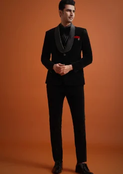 Black Velvet Tuxedo Set With Waistcoat And Bow