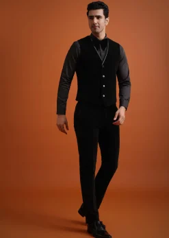 Black Velvet Tuxedo Set With Waistcoat And Bow