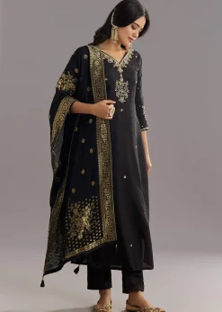 Black Viscose Silk Kurta Set With Zari Moti and Cut Dana Work