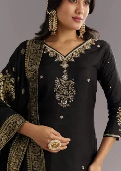 Black Viscose Silk Kurta Set With Zari Moti and Cut Dana Work