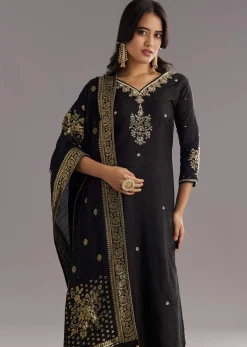 Black Viscose Silk Kurta Set With Zari Moti and Cut Dana Work