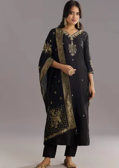 Black Viscose Silk Kurta Set With Zari Moti and Cut Dana Work
