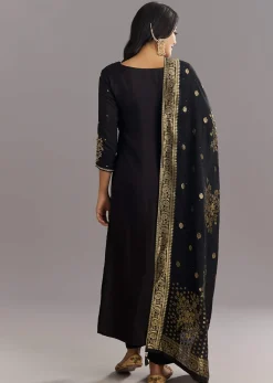 Black Viscose Silk Kurta Set With Zari Moti and Cut Dana Work