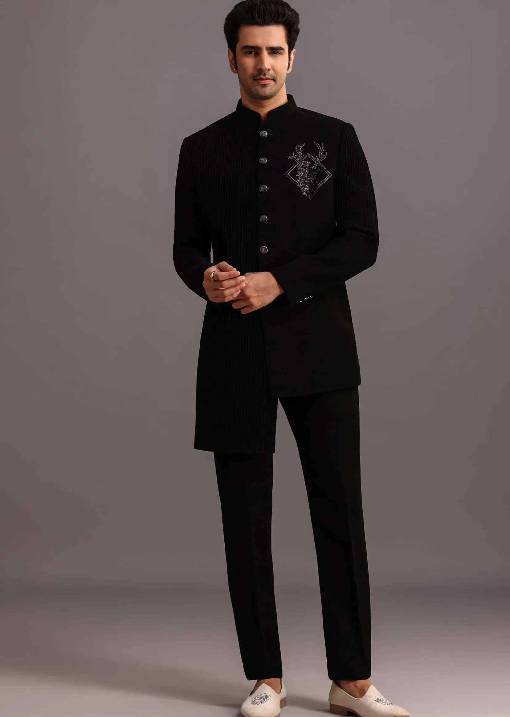 Black Zardosi Embroidered Indowestern Trouser Suit