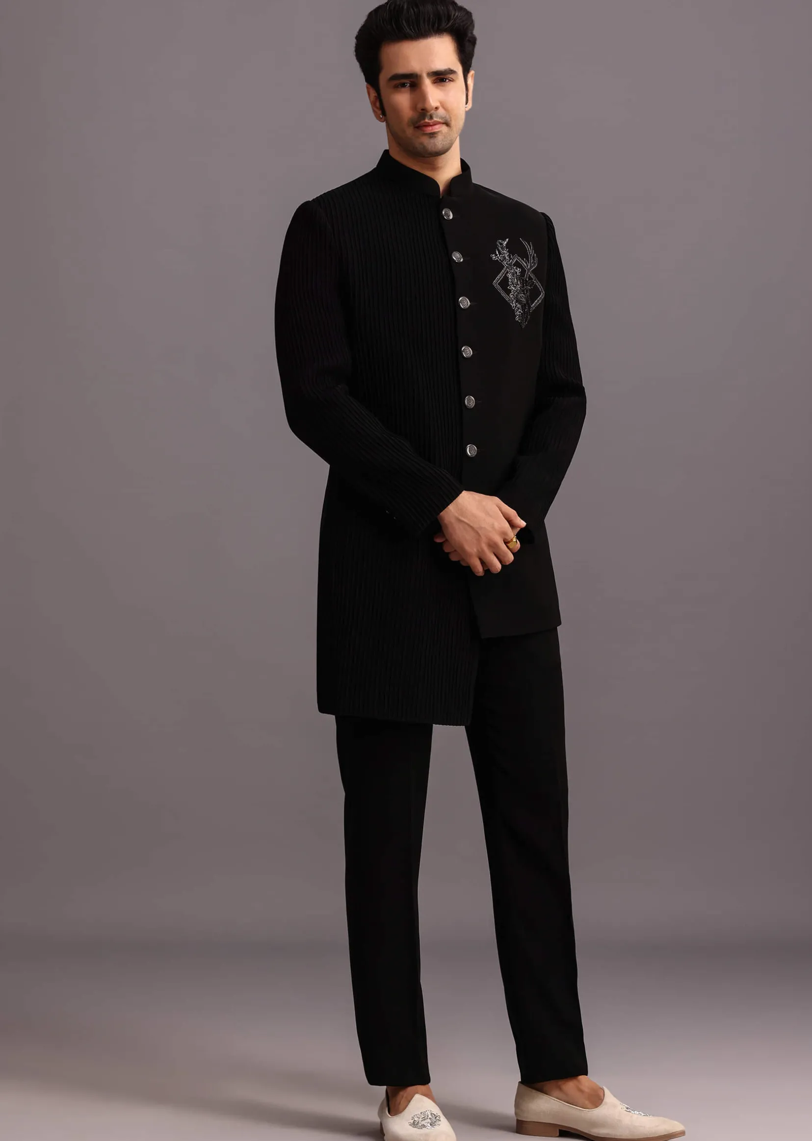Black Zardosi Embroidered Indowestern Trouser Suit