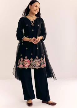 Black Zardosi Work Dola Silk Kurta And Organza Dupatta Suit
