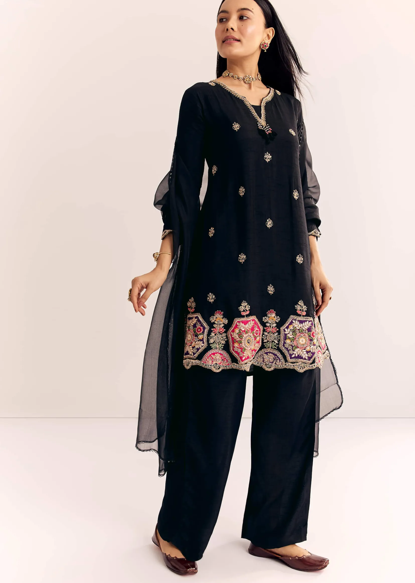 Black Zardosi Work Dola Silk Kurta And Organza Dupatta Suit