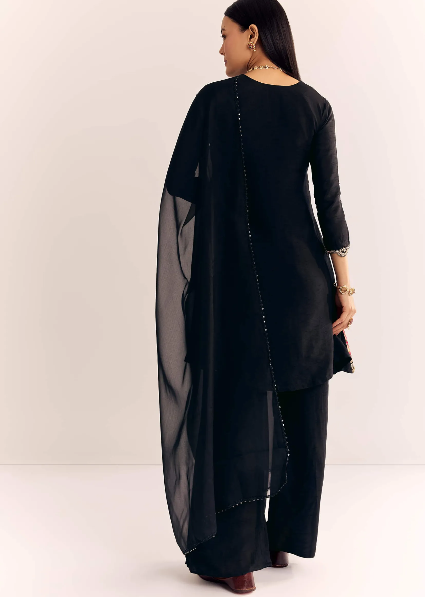 Black Zardosi Work Dola Silk Kurta And Organza Dupatta Suit