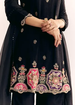 Black Zardosi Work Dola Silk Kurta And Organza Dupatta Suit