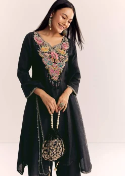 Black Zardosi Work Dola Silk Kurta Set With Organza Dupatta