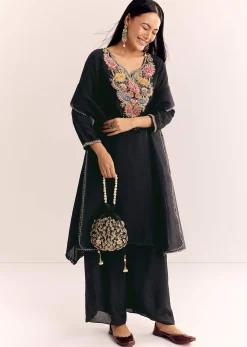 Black Zardosi Work Dola Silk Kurta Set With Organza Dupatta