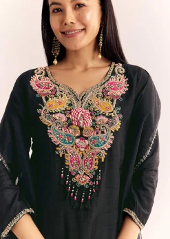 Black Zardosi Work Dola Silk Kurta Set With Organza Dupatta