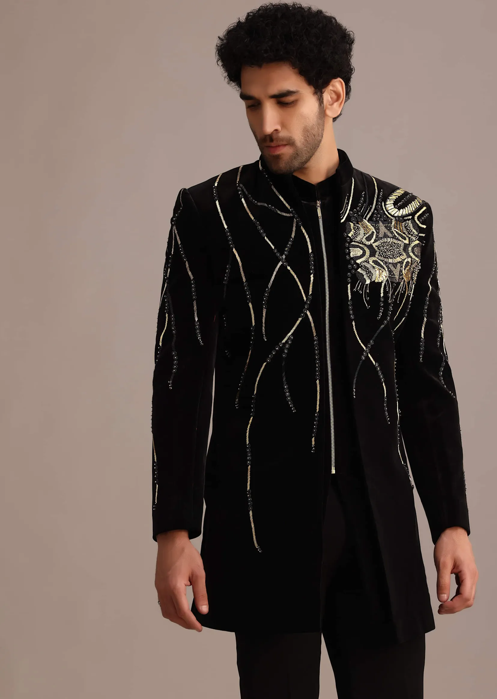 Black Zardozi Embroidered Indo Western Set in Velvet