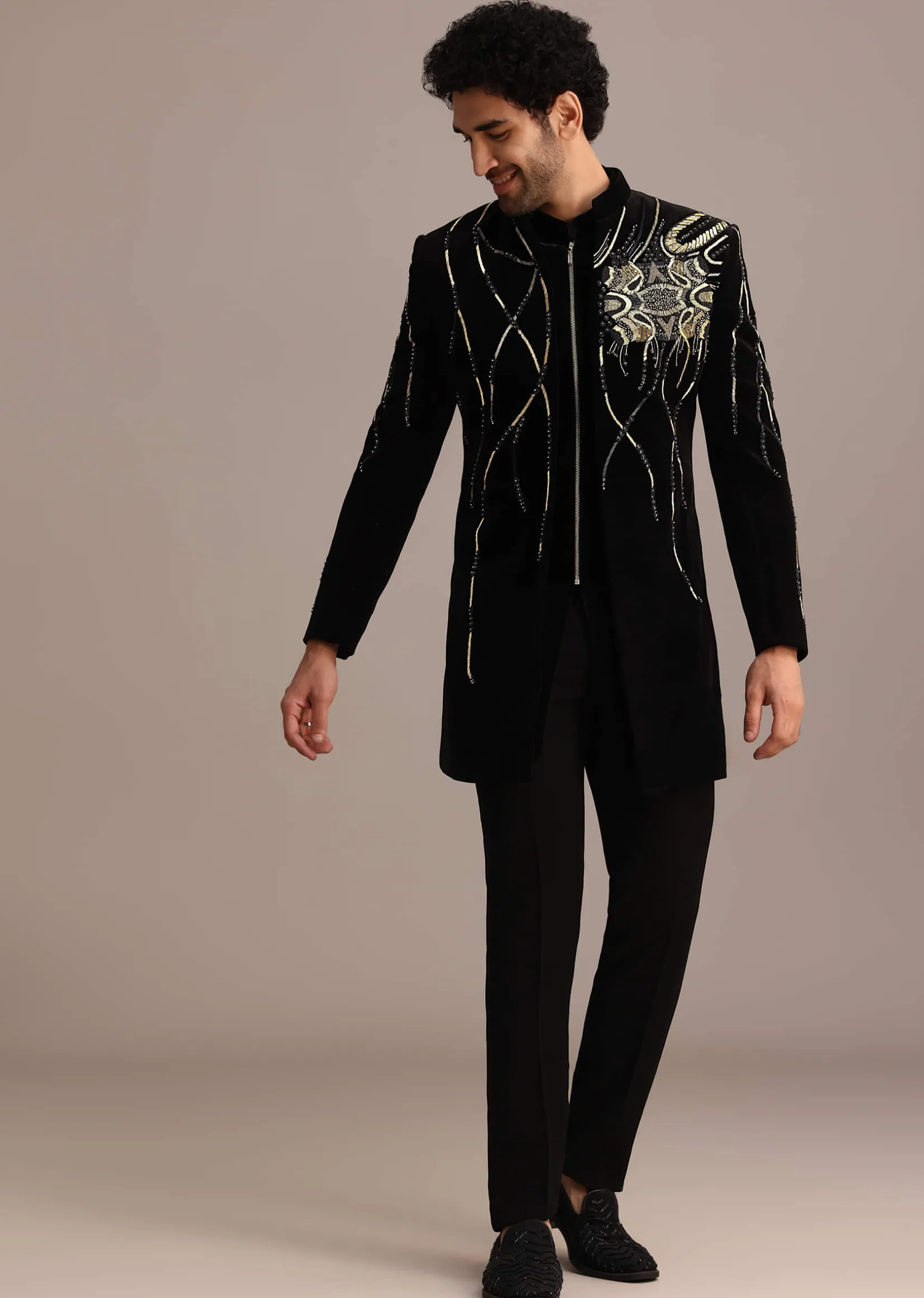 Black Zardozi Embroidered Indo Western Set in Velvet