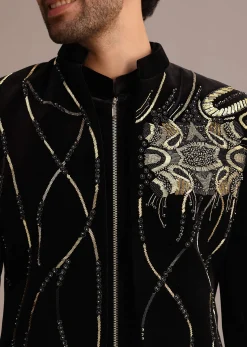 Black Zardozi Embroidered Indo Western Set in Velvet