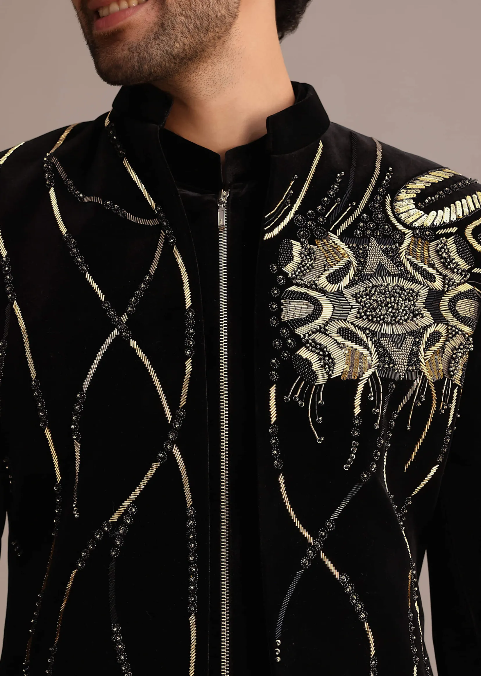 Black Zardozi Embroidered Indo Western Set in Velvet