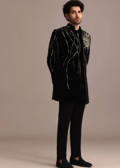 Black Zardozi Embroidered Indo Western Set in Velvet