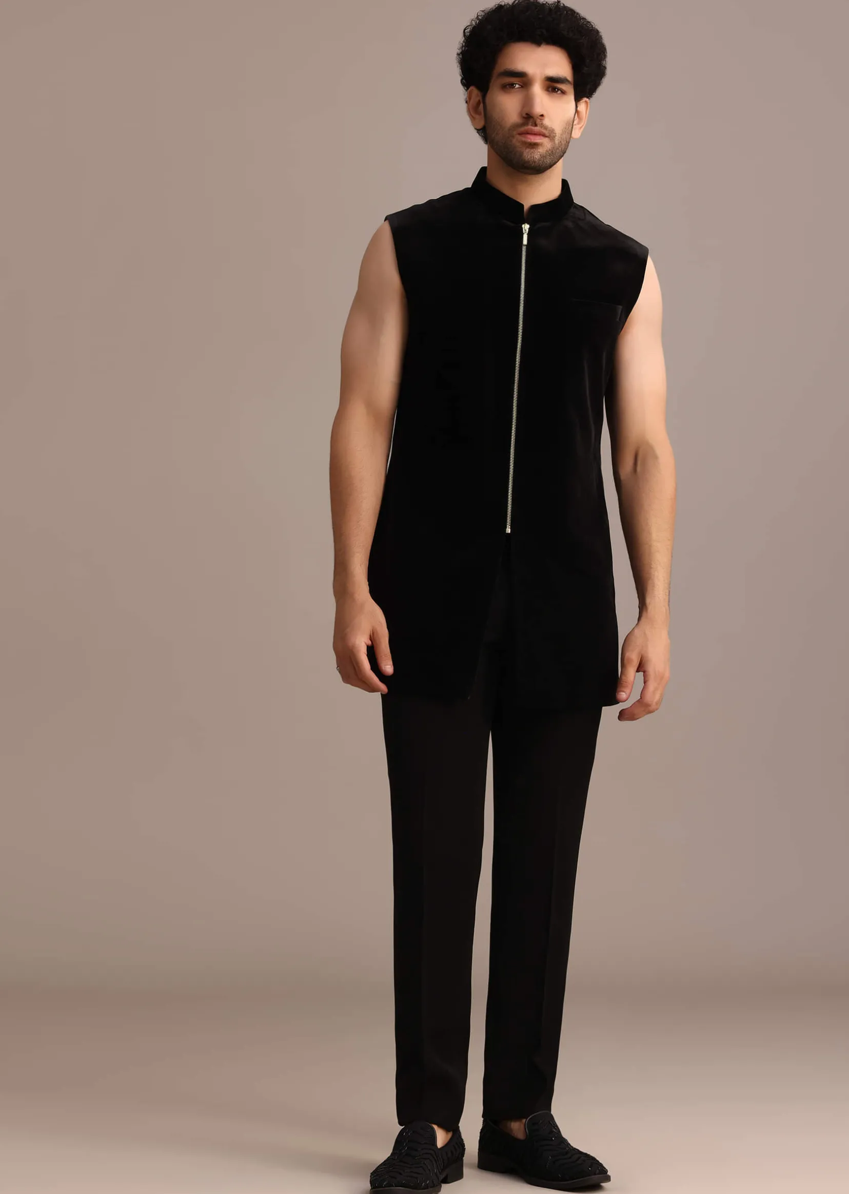 Black Zardozi Embroidered Indo Western Set in Velvet