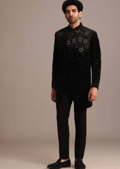 Black Zardozi Work Indo Western Set in Velvet