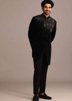 Black Zardozi Work Indo Western Set in Velvet