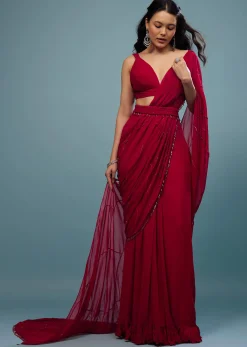 Blood Red Ready-Pleated Saree In Georgette