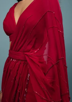 Blood Red Ready-Pleated Saree In Georgette