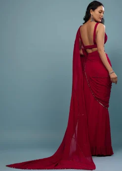 Blood Red Ready-Pleated Saree In Georgette
