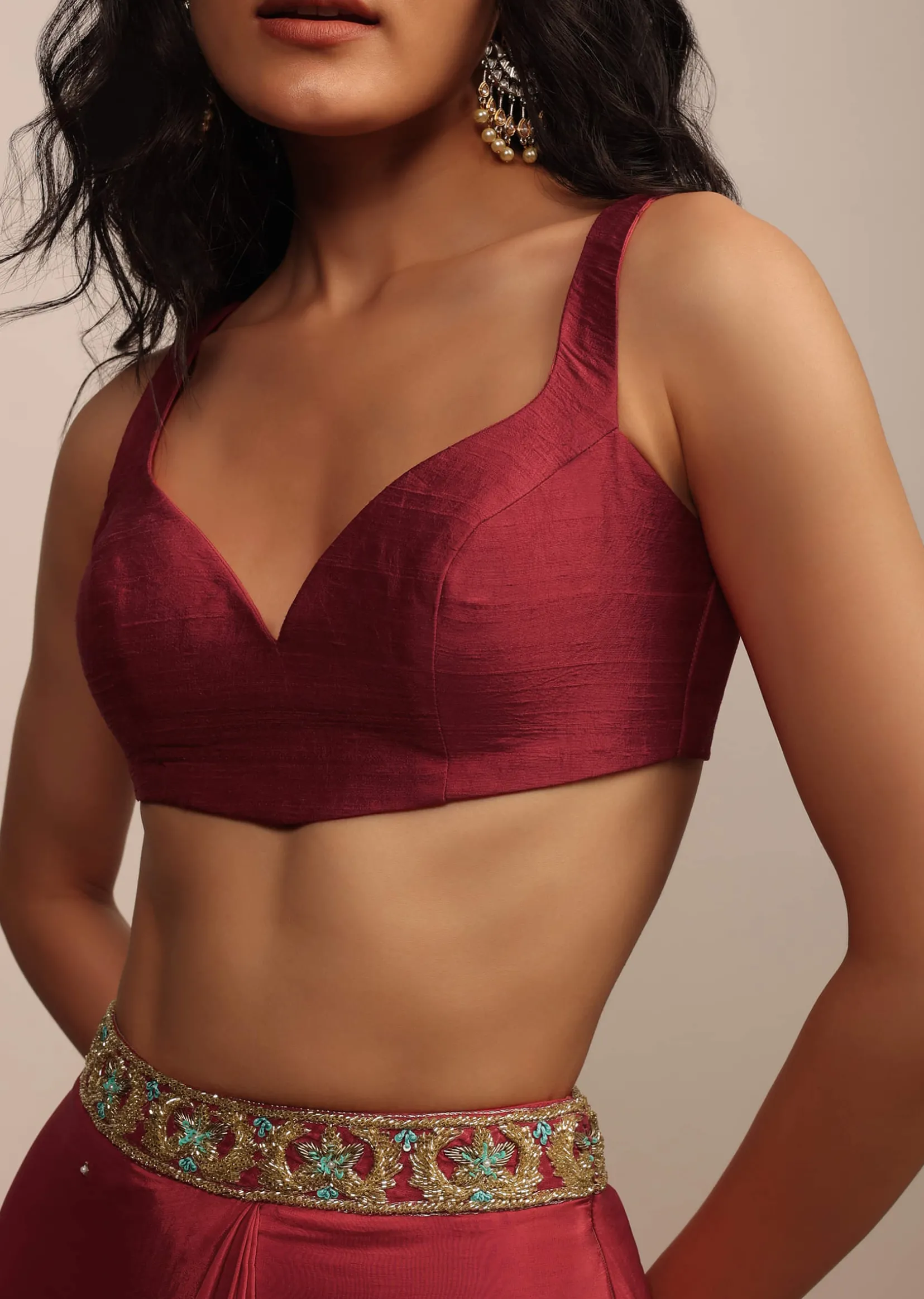 Blood Red Sleeveless Blouse In Raw Silk With Sweetheart Neckline