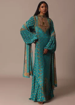 Blue Anarkali Set With Stone Work And Printed Detail