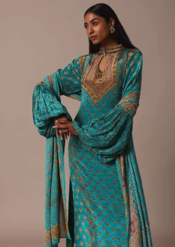 Blue Anarkali Set With Stone Work And Printed Detail