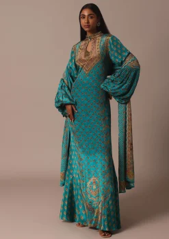 Blue Anarkali Set With Stone Work And Printed Detail