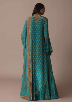 Blue Anarkali Set With Stone Work And Printed Detail