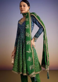 Blue And Green Ombre Bandhani Anarkali Suit With Zardosi Neckline