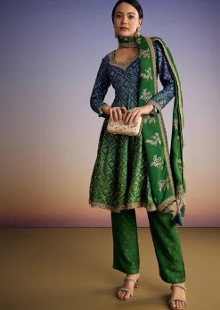 Blue And Green Ombre Bandhani Anarkali Suit With Zardosi Neckline