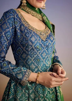 Blue And Green Ombre Bandhani Anarkali Suit With Zardosi Neckline