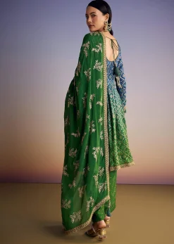 Blue And Green Ombre Bandhani Anarkali Suit With Zardosi Neckline