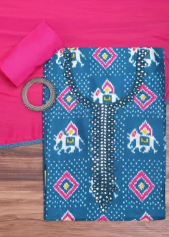 Blue And Pink Patola Printed Tussar Dress Material