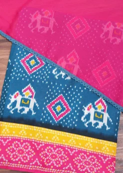 Blue And Pink Patola Printed Tussar Dress Material