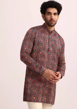 Blue And Red Printed Silk Kurta