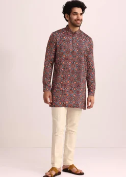 Blue And Red Printed Silk Kurta