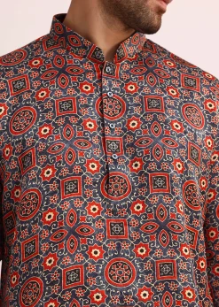 Blue And Red Printed Silk Kurta