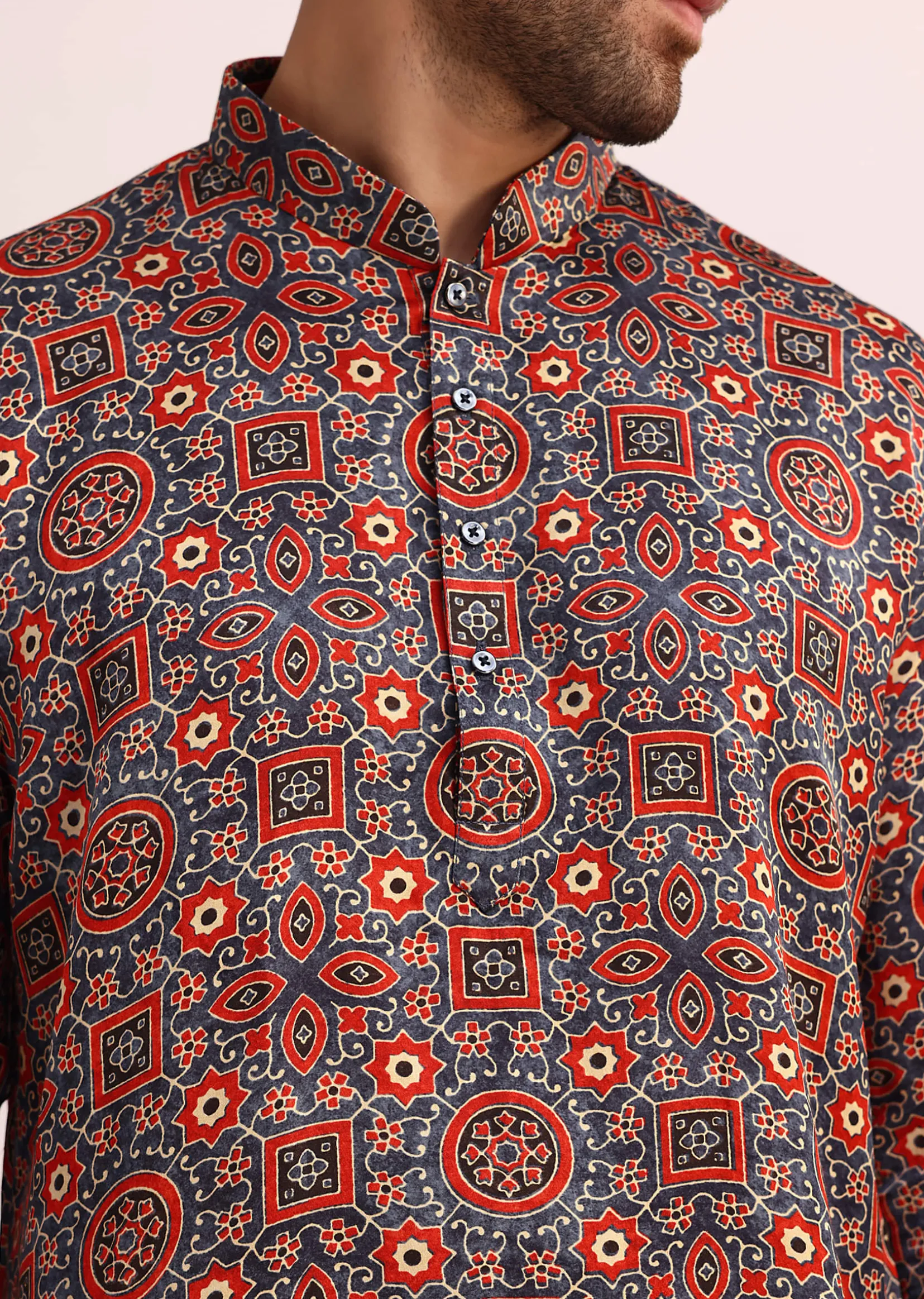 Blue And Red Printed Silk Kurta