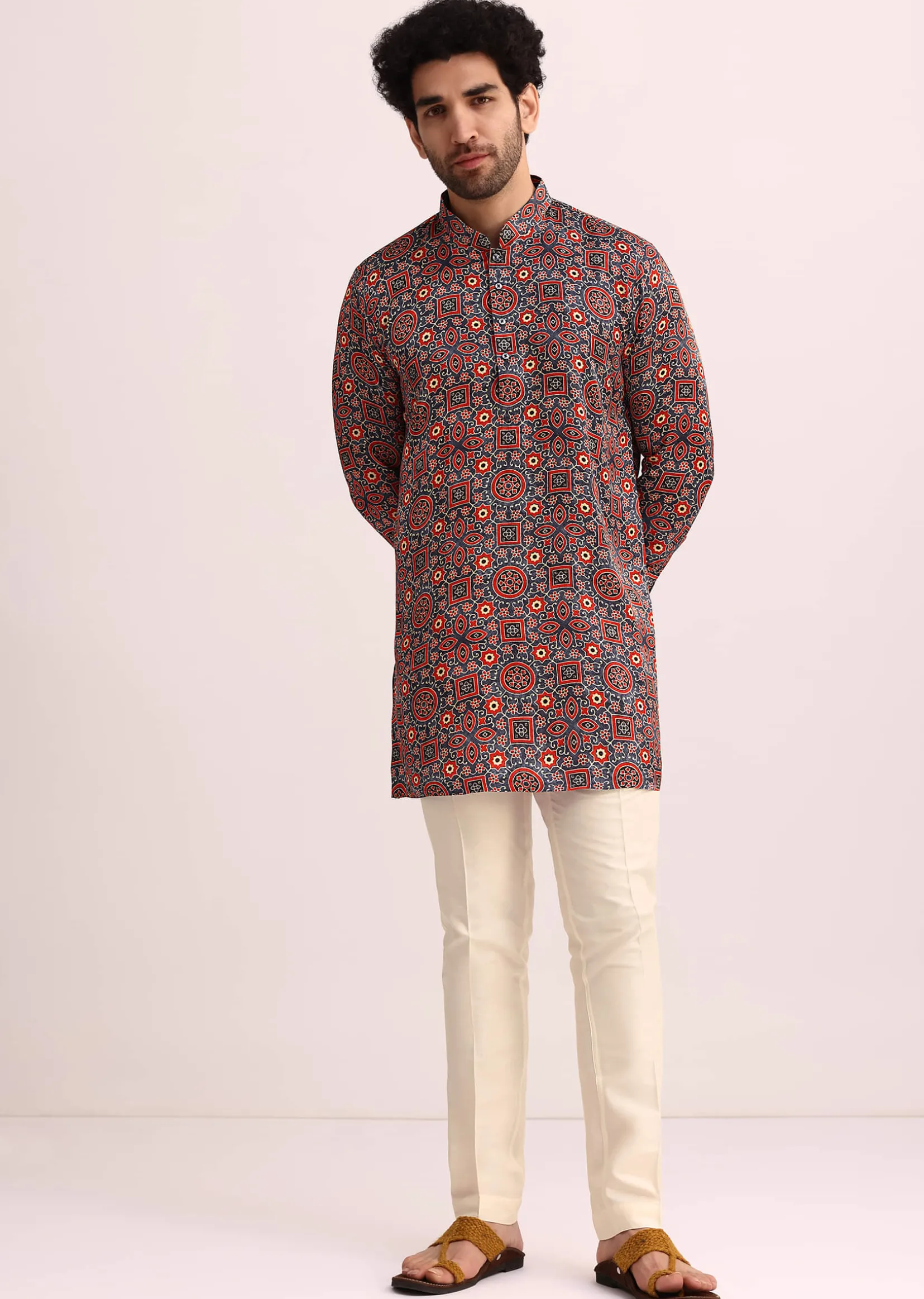 Blue And Red Printed Silk Kurta