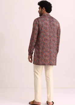 Blue And Red Printed Silk Kurta