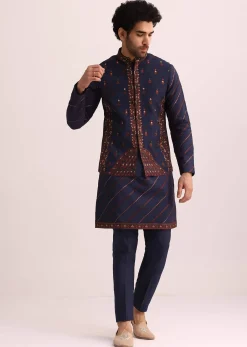 Blue And Red Silk Jacket Kurta Set With Thread Work