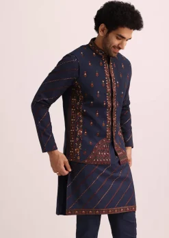 Blue And Red Silk Jacket Kurta Set With Thread Work