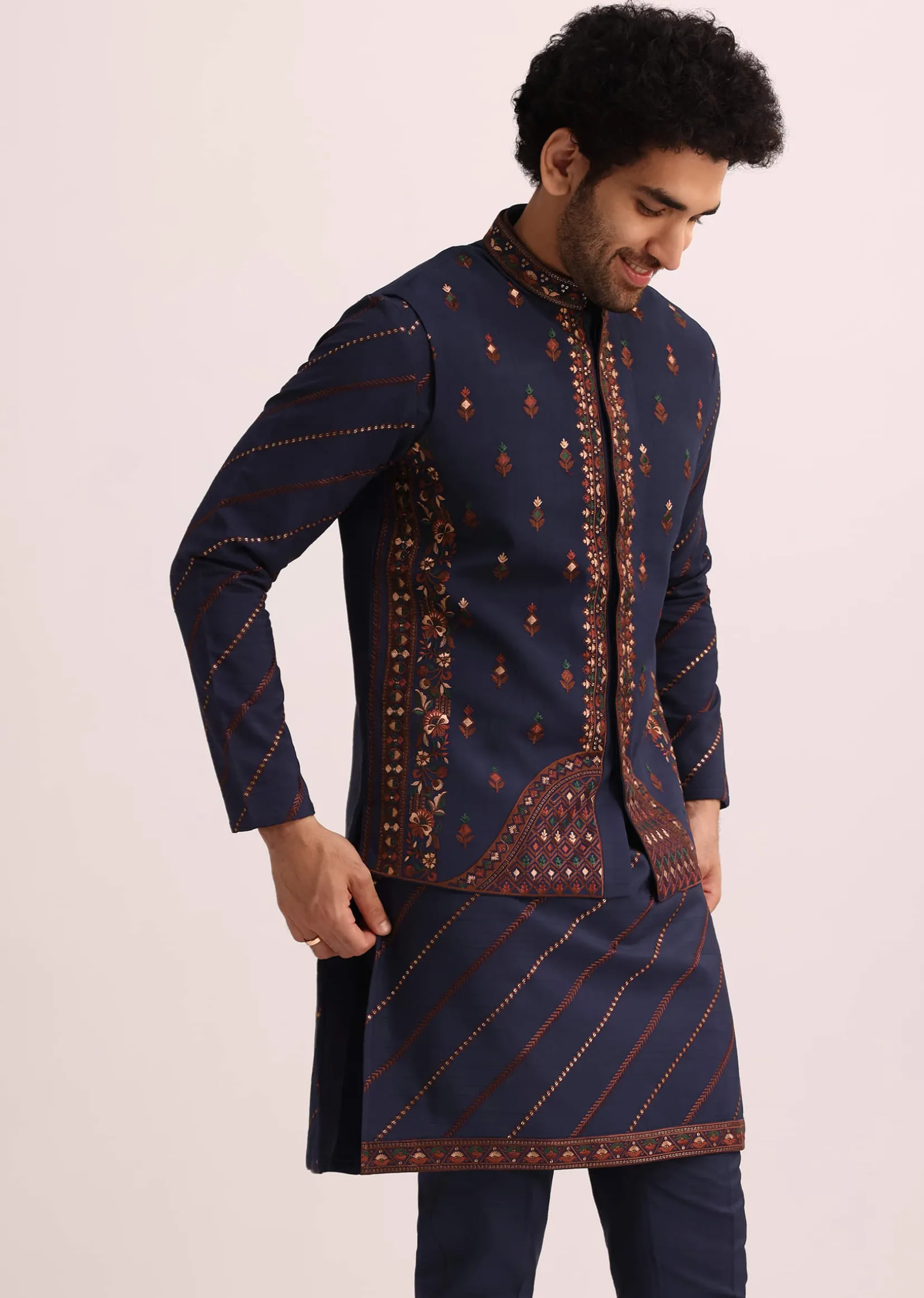 Blue And Red Silk Jacket Kurta Set With Thread Work