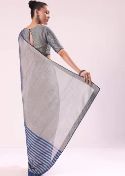 Blue And Silver Half Striped Chanderi Saree Wiith Stitched Blouse
