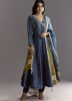 Blue Angrakha Style Anarkali Suit With Butti Work Ombre Dupatta