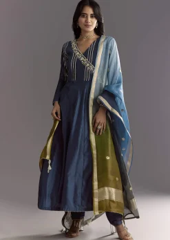 Blue Angrakha Style Anarkali Suit With Butti Work Ombre Dupatta